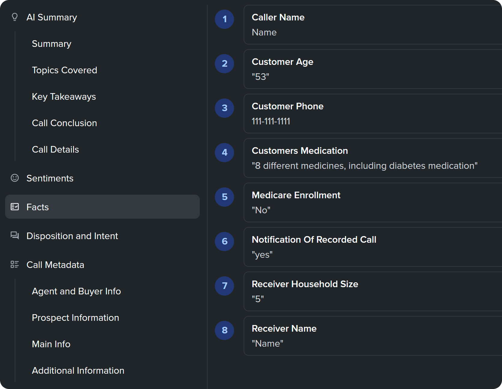 Facts extraction interface showing custom codes