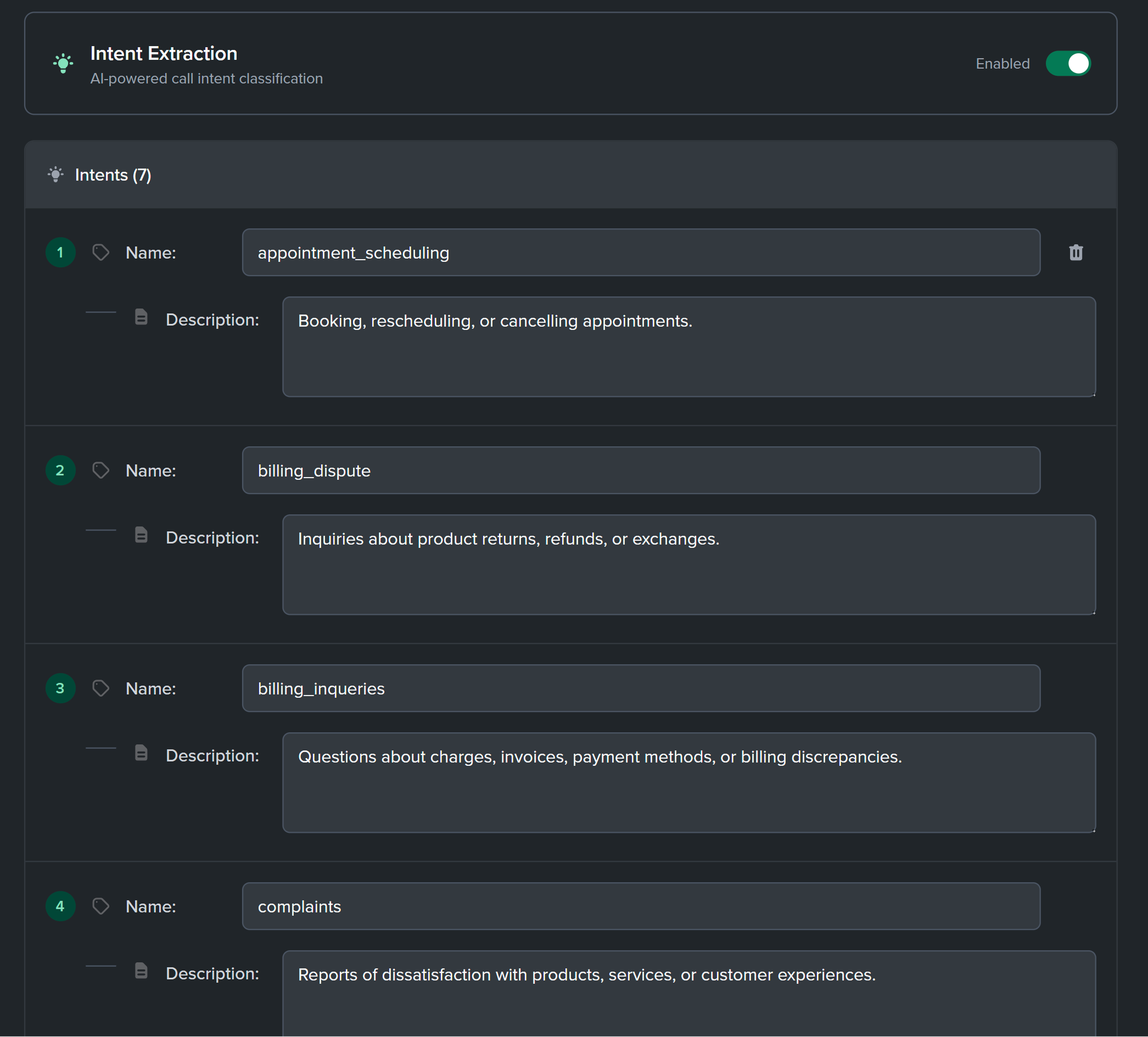 Intent settings interface showing customizable prompts