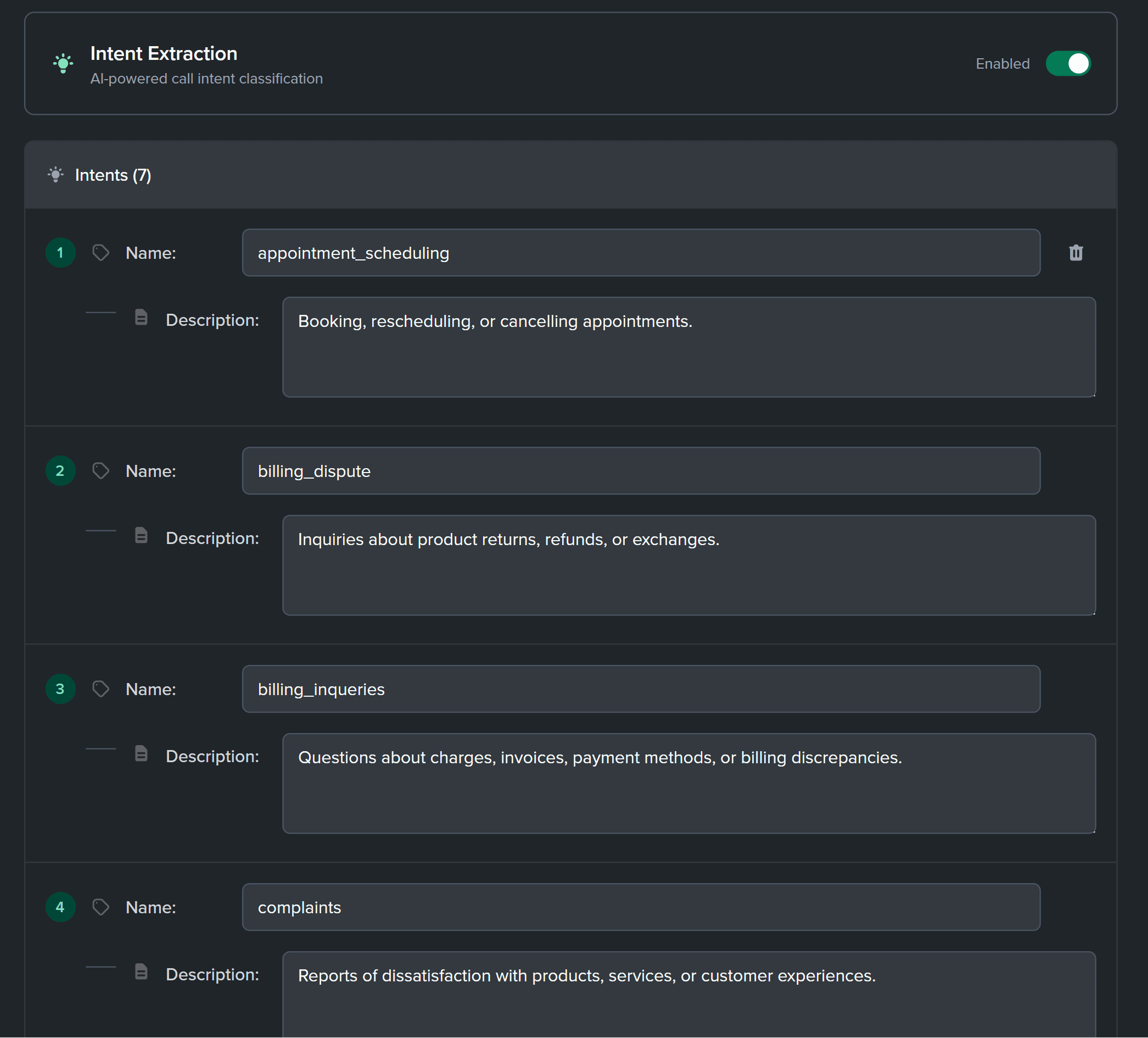 Intent settings interface showing customizable prompts